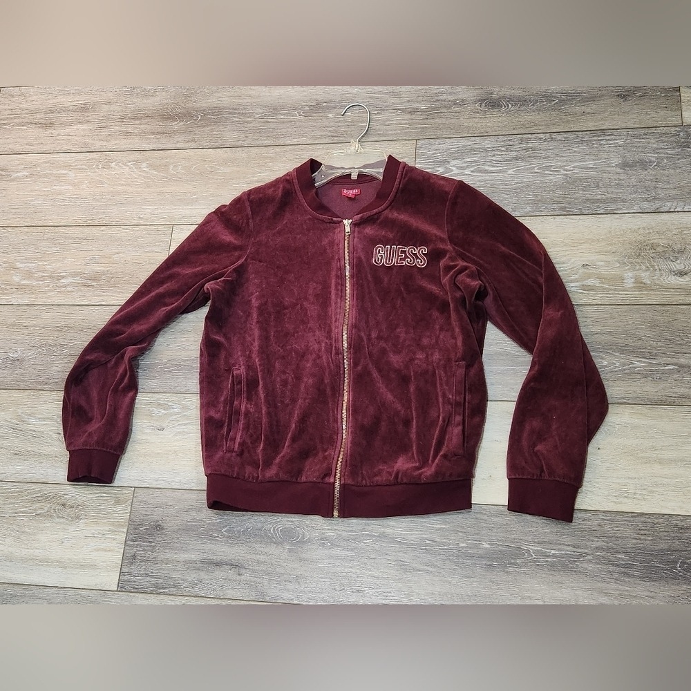 Guess Los Angeles Maroon Velour Velvet Embroidered zip up sweater Size Medium